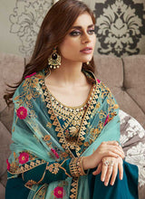 Load image into Gallery viewer, Teal Blue and Gold Embroidered Straight Pant Style Suit fashionandstylish.myshopify.com