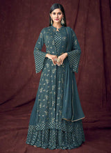 Load image into Gallery viewer, Teal Heavy Embroidered Designer Jacket Style Lehenga fashionandstylish.myshopify.com
