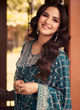 Load image into Gallery viewer, Teal Heavy Embroidered Designer Silk Pant Suit