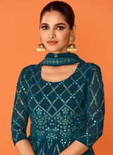 Load image into Gallery viewer, Teal Heavy Embroidered Floor touch Kalidar Anarkali