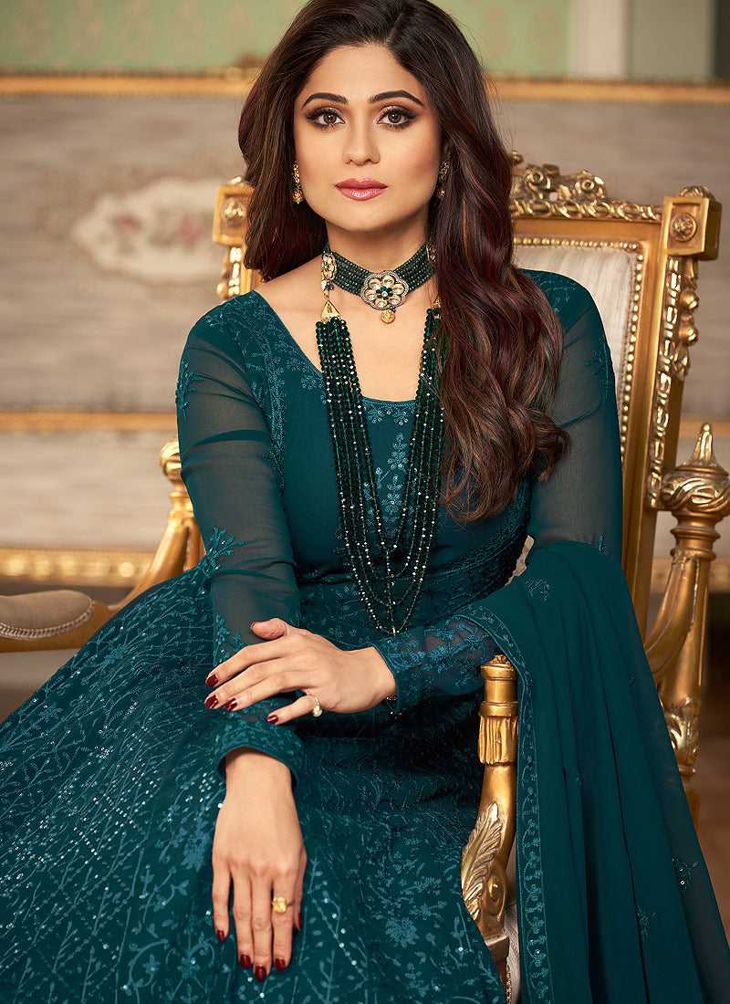 Green Heavy Embroidered Kalidar Anarkali Suit Indian Clothing Teal / Stone / Georgette Green Heavy Embroidered Kalidar Anarkali Suit Indian Clothing Teal / Stone / Georgette