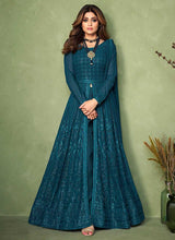 Load image into Gallery viewer, Teal Heavy Embroidered Kalidar Anarkali Suit fashionandstylish.myshopify.com