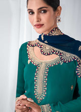 Load image into Gallery viewer, Teal and Blue Embroidered Palazzo Suit fashionandstylish.myshopify.com