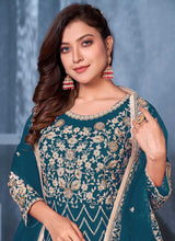 Load image into Gallery viewer, Teal and Gold Embroidered Kalidar Anarkali Suit fashionandstylish.myshopify.com