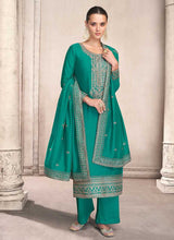 Load image into Gallery viewer, Teal and Gold Embroidered Pant Style Suit fashionandstylish.myshopify.com