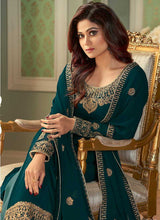 Load image into Gallery viewer, Teal and Gold Embroidered Sharara Style Suit fashionandstylish.myshopify.com