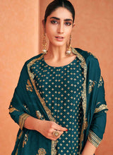 Load image into Gallery viewer, Teal and Gold Embroidered Sharara Style Suit fashionandstylish.myshopify.com