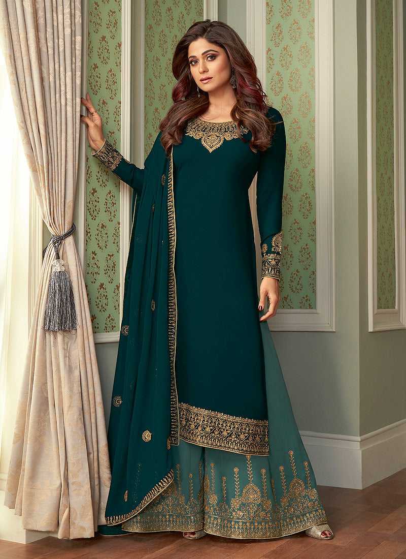 Teal and Gold Embroidered Sharara Style Suit Gold / stone / Georgette