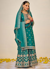 Load image into Gallery viewer, Teal and Gold Embroidered Sharara Style Suit