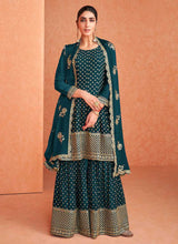 Load image into Gallery viewer, Teal and Gold Embroidered Sharara Style Suit fashionandstylish.myshopify.com
