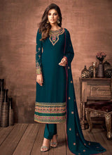 Load image into Gallery viewer, Teal and Gold Embroidered Straight Pant Style Suit fashionandstylish.myshopify.com