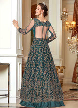 Load image into Gallery viewer, Teal and Gold Heavy Embroidered Lehenga/ Pant Style Anarkali fashionandstylish.myshopify.com