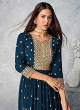 Load image into Gallery viewer, Teal and Gold Heavy Embroidered Stylish Palazzo Suit fashionandstylish.myshopify.com