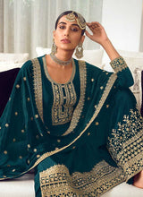 Load image into Gallery viewer, Teal and Gold Heavy Embroidered Stylish Palazzo Suit fashionandstylish.myshopify.com