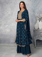 Load image into Gallery viewer, Teal and Gold Heavy Embroidered Stylish Palazzo Suit fashionandstylish.myshopify.com
