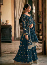 Load image into Gallery viewer, Teal and Gold Heavy Embroidered Stylish Palazzo Suit fashionandstylish.myshopify.com