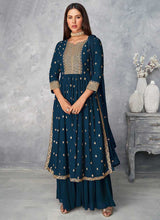 Load image into Gallery viewer, Teal and Gold Heavy Embroidered Stylish Palazzo Suit fashionandstylish.myshopify.com
