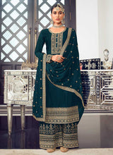 Load image into Gallery viewer, Teal and Gold Heavy Embroidered Stylish Palazzo Suit fashionandstylish.myshopify.com
