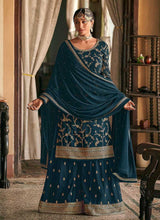 Load image into Gallery viewer, Teal and Gold Heavy Embroidered Stylish Palazzo Suit fashionandstylish.myshopify.com