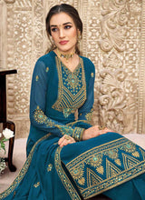 Load image into Gallery viewer, Teal and Gold Straight Cut Embroidered Pant Style Suit fashionandstylish.myshopify.com