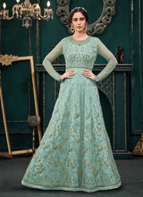 Load image into Gallery viewer, Turquoise Blue Heavy Embroidered Kalidar Anarkali Suit fashionandstylish.myshopify.com