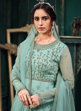 Load image into Gallery viewer, Turquoise Blue Heavy Embroidered Kalidar Anarkali Suit fashionandstylish.myshopify.com