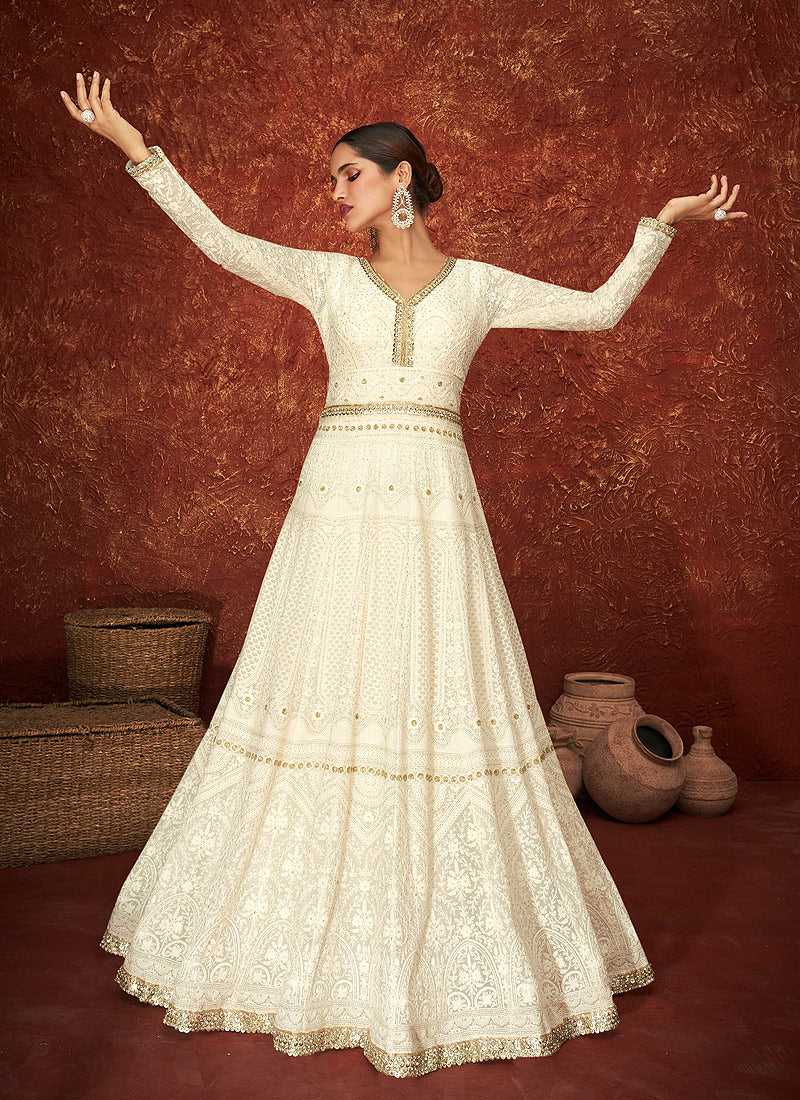 fashneo White and Gold Gown Style Embroidered Anarkali Suit - India Clothing White / Thread / Georgette fashneo White and Gold Gown Style Embroidered Anarkali Suit - India Clothing White / Thread / Georgette
