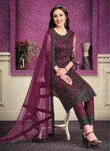 Load image into Gallery viewer, Wine Heavy Net Embroidered Straight Pant Style Suit fashionandstylish.myshopify.com