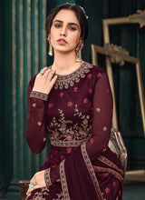 Load image into Gallery viewer, Wine Red Heavy Embroidered Kalidar Anarkali Style Suit fashionandstylish.myshopify.com