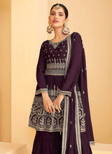 Load image into Gallery viewer, Wine and Gold Heavy Embroidered Sharara Style Suit fashionandstylish.myshopify.com