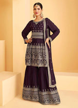 Load image into Gallery viewer, Wine and Gold Heavy Embroidered Sharara Style Suit fashionandstylish.myshopify.com