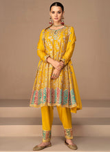 Load image into Gallery viewer, Yellow and Gold Embroidered Fashionable Pant Style Suit