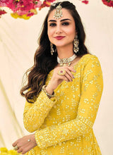 Load image into Gallery viewer, Yellow and Gold Heavy Embroidered Kalidar Anarkali fashionandstylish.myshopify.com