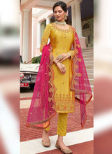 Load image into Gallery viewer, Yellow and Pink Heavy Embroidered Lehenga/ Pant Style Suit fashionandstylish.myshopify.com