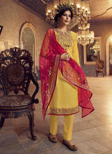 Load image into Gallery viewer, Yellow and Pink Heavy Embroidered Lehenga/ Pant Style Suit fashionandstylish.myshopify.com