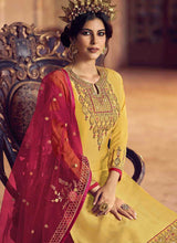Load image into Gallery viewer, Yellow and Pink Heavy Embroidered Lehenga/ Pant Style Suit fashionandstylish.myshopify.com