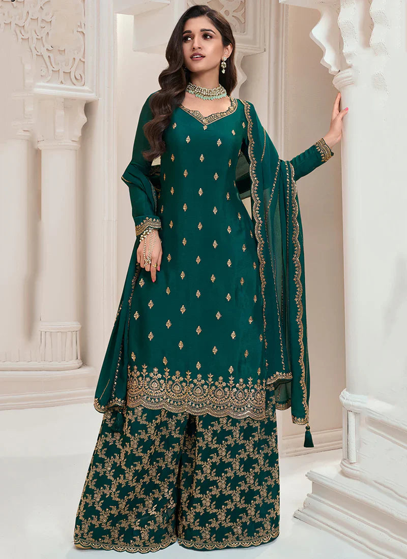 Exquisite Embroidered Green Palazzo Suit