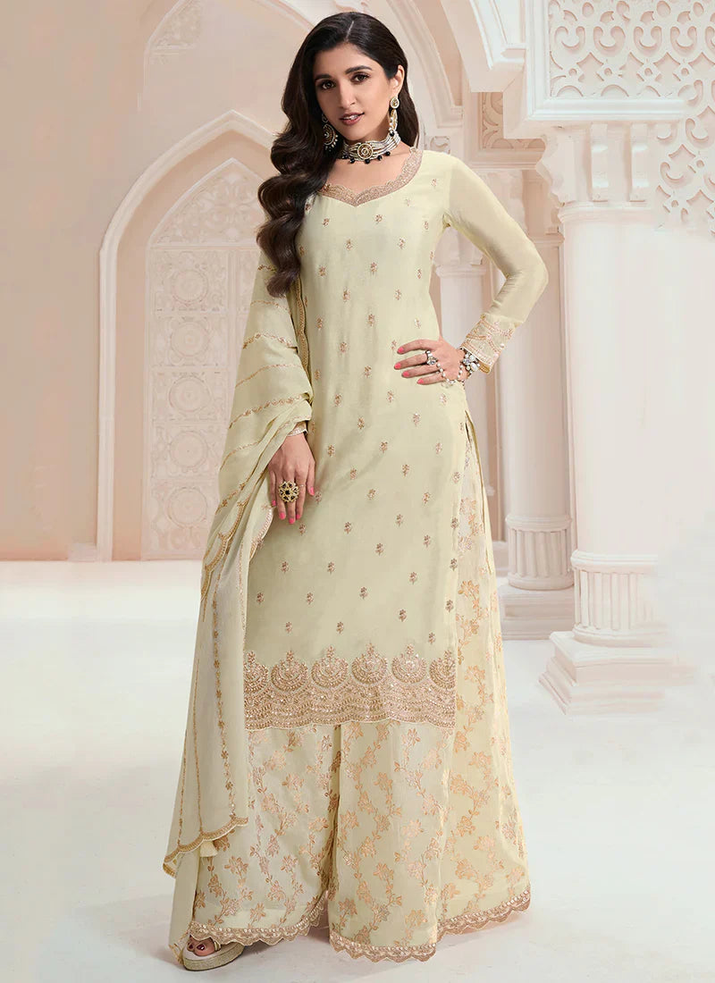 Exquisite Embroidered Off White Palazzo Suit