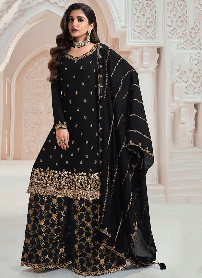 Exquisite Embroidered Black Palazzo Suit