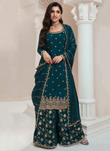 Load image into Gallery viewer, Exquisite Embroidered Blue Palazzo Suit
