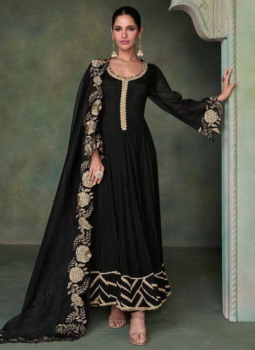 Black Silk Heavy Embroidered Anarkali Gown