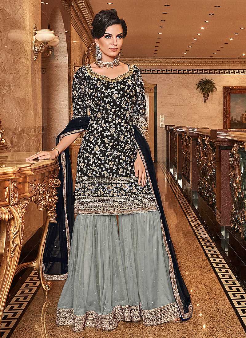 Black and Grey Embroidered Sharara Style Suit fashionandstylish.myshopify.com