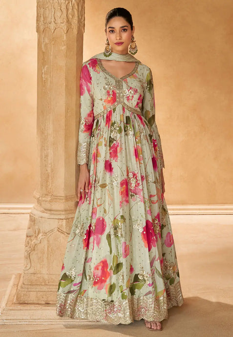 Blooming Grace Cream Embroidered Anarkali Gown