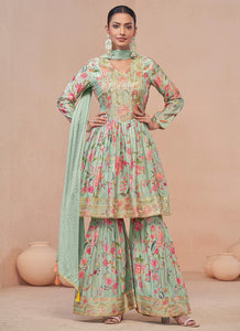 Blooming Grace Floral Print Green Gharara Suit