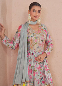 Blooming Grace Floral Print Grey Gharara Suit