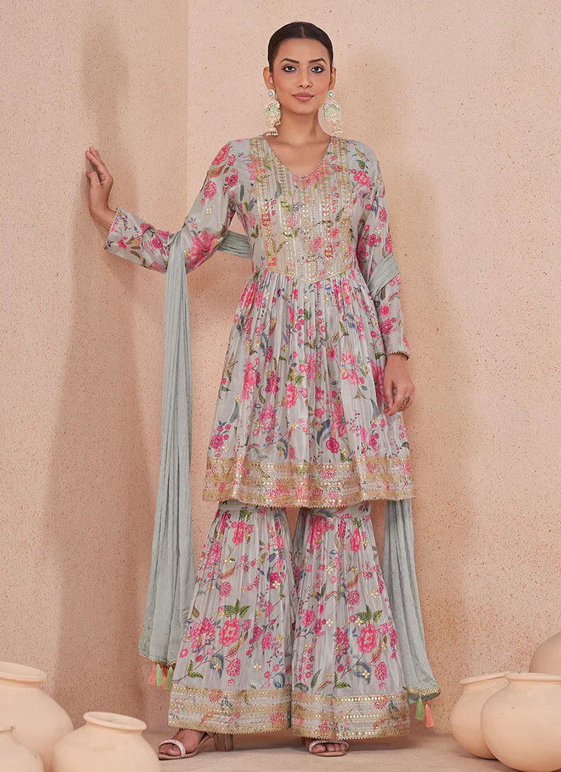 Blooming Grace Floral Print Grey Gharara Suit