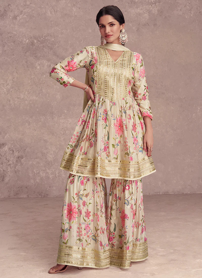 Blooming Grace Floral Print Off White Gharara Suit