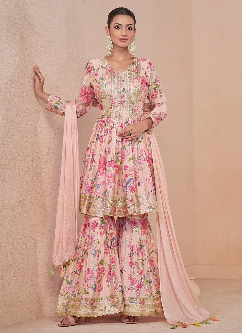 Blooming Grace Floral Print Pink Gharara Suit