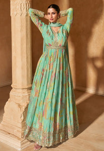 Blooming Grace Teal Green Embroidered Anarkali Gown