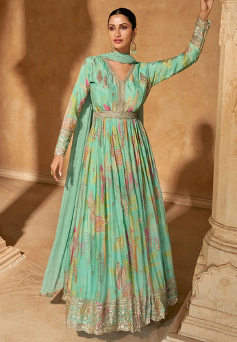 Blooming Grace Teal Green Embroidered Anarkali Gown